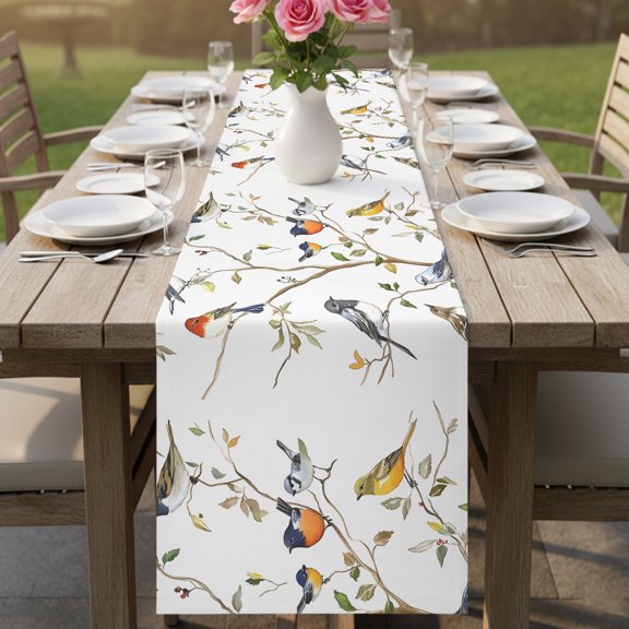 Summer Bird on Tree Branch Table Runner 13x36in Non-Slip Cotton Linen Table Runners, Rustic Pastoral Theme Dresser Scarves TableRunner for Dinner Kitchen Dining Wedding Party