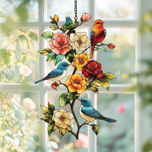 Summer Birds on Tree Branch Faux Stained Glass Suncatcher, Acrylic Window Hanging with Colorful Bird and Bloom, Nature Decor for Bird Lovers