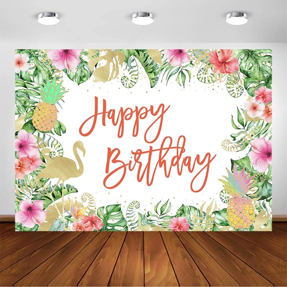Summer Birthday Backdrop Beach Hawaiian Theme Tropical Flamingo Happy Birthday Background Golden Floral Palm Leaves Luau Party Decorations Banner Photo Booth Props