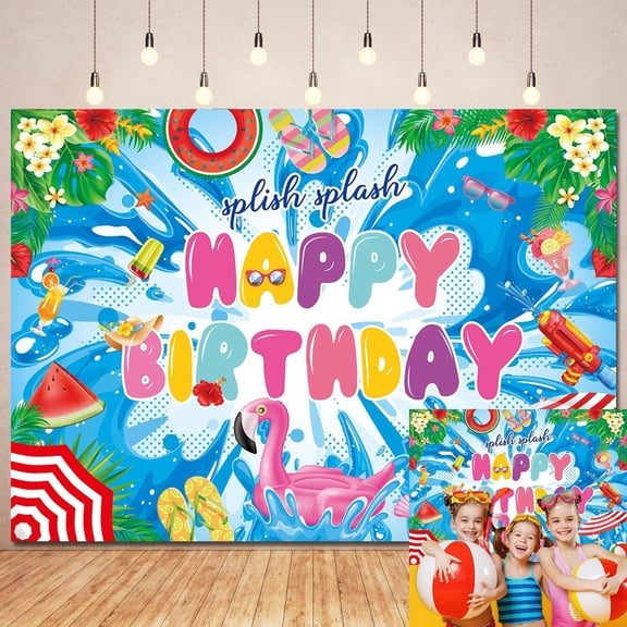 Summer Birthday Backdrop Splish Splash Happy Birthday Background Flamingo Watermelon Tropical Pool Party Summer Birthday Party Decorations Banner Photo Booth Props