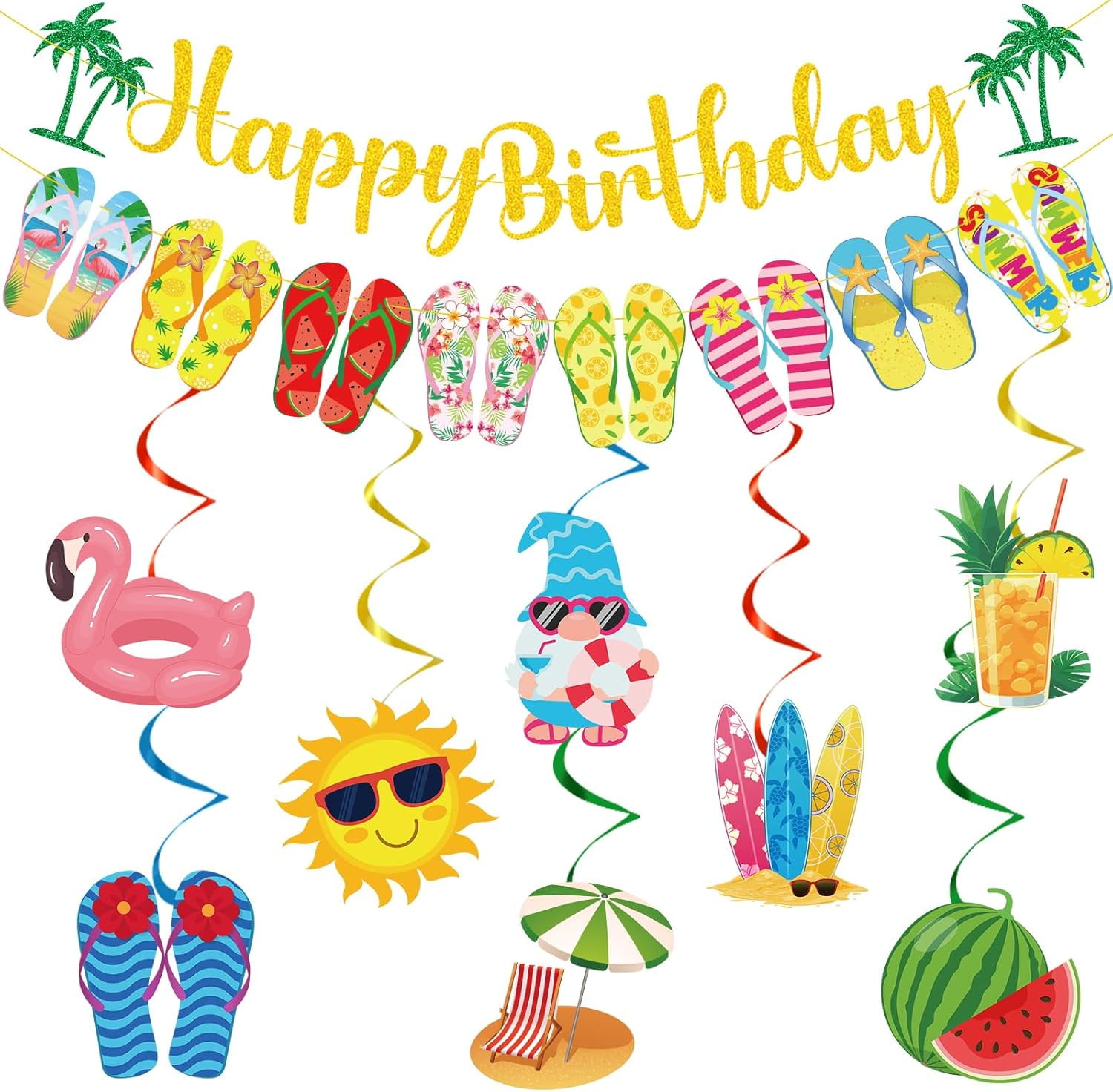 Summer Birthday Party Decorations - Beach Party Pool Decor 10PCS Hanging Swirl Banner Flip Flop Slippers Swirls Summer Birthday Hawaiian Supplies for Holiday Celebration Outdoor