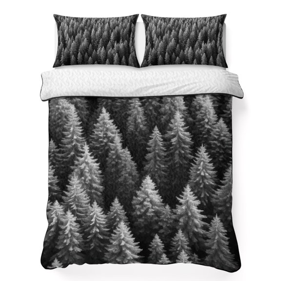 Summer Black 3 Piece Quilt Bedding Set with 2 Pillow Shams, White Pine Trees Forest Lightweight Bedspread Coverlet, Soft Breathable All Season Quilt, 79 x 90 Inch