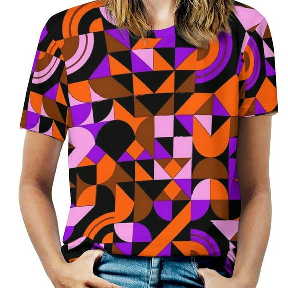 Summer Black And White Geo Print T-Shirts Geomatric Patchwork Casual T Shirt Women Short-Sleeve Vintage Big Size Tee Shi