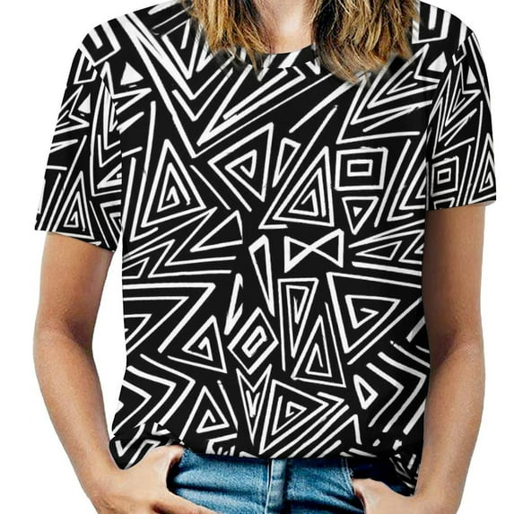 Summer Black And White Geo Print T-Shirts Geomatric Patchwork Casual T Shirt Women Short-Sleeve Vintage Big Size Tee Shi
