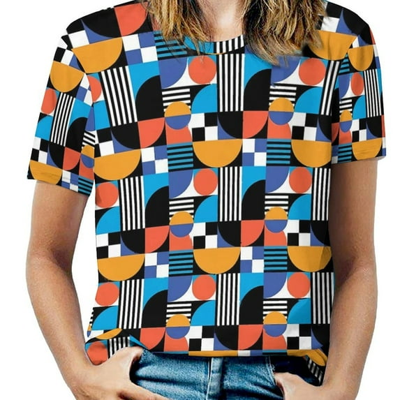 Summer Black And White Geo Print T-Shirts Geomatric Patchwork Casual T Shirt Women Short-Sleeve Vintage Big Size Tee Shi