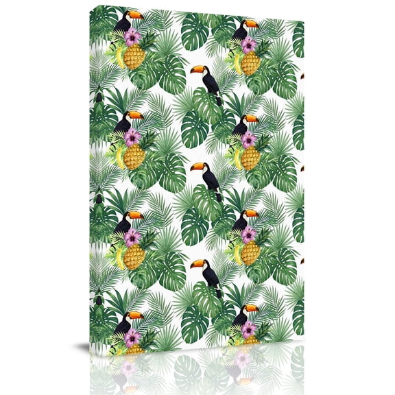 Summer Black Bird Canvas Wall Art for Living Room, Pineapple Green Leaf Tropical Plant Pink Flower Poster Print Painting for Bedroom Office Home Decoration Wall Pictures Prepare To Hang 8"x10"