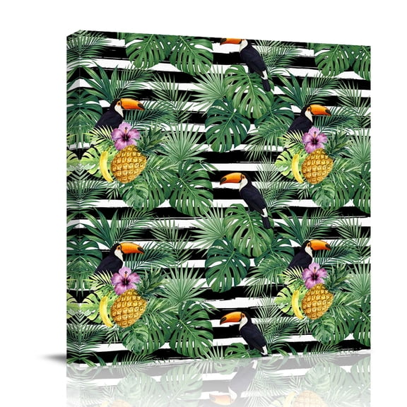 Summer Black Bird Canvas Wall Art for Living Room, Pineapple Green Leaf Tropical Plant Pink Flower Striped Wall Decor Framed Artwork Pictures Ready to Hang for Bedroom Office Home Decor
