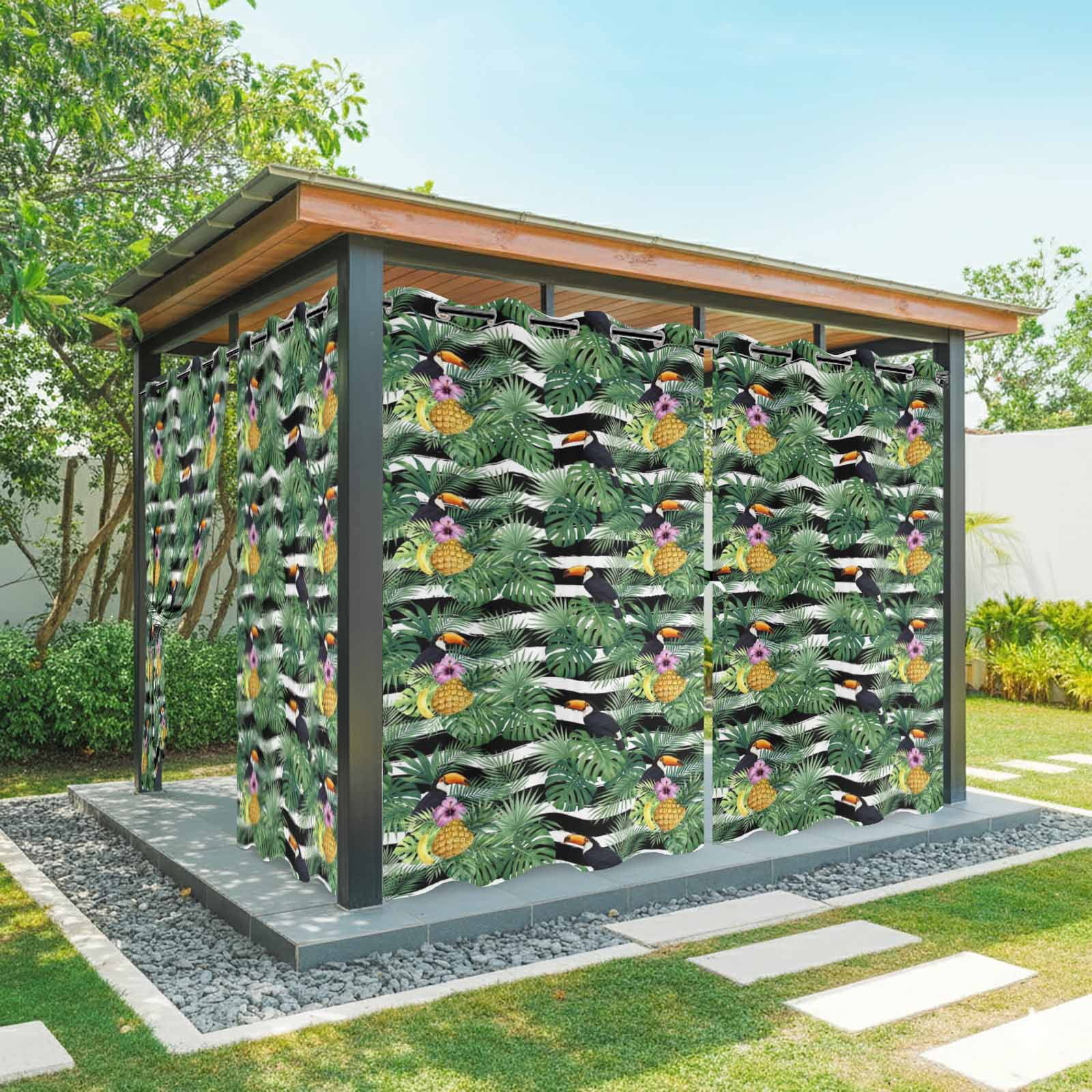 Summer Black Bird Outdoor Curtains for Patio, Pineapple Green Leaf Tropical Plant Pink Flower Striped Sunshade Privacy Drapes Grommet Waterproof Outside Curtains for Porch Balcony 54"x108", 1 Panel