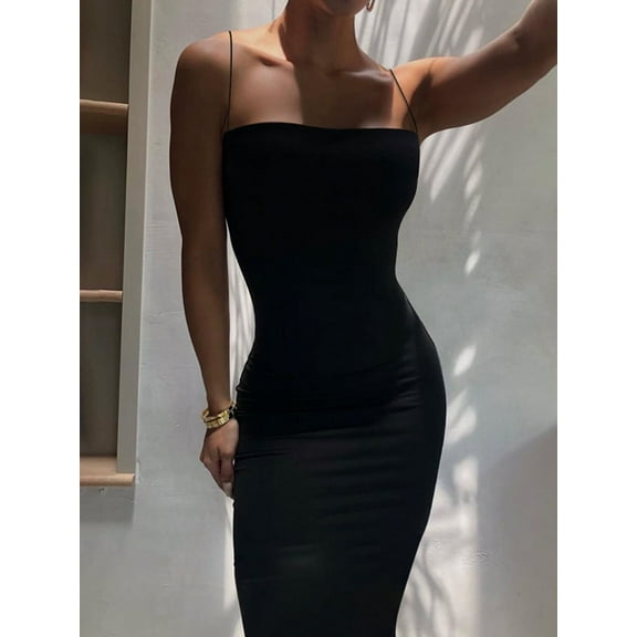Summer Black Sexy Dress Women Streetwear Sleeveless Backless Solid Spaghetti Strap Bodycon Casual Clubwear Elegant Party Dresses