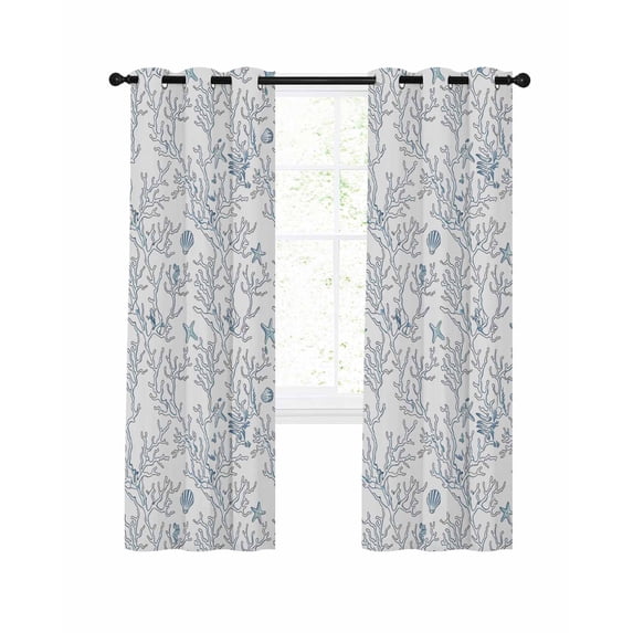 Summer Blackout Curtains for Bedroom Living Room, Retro Ocean Shell Starfish Conch Coral 84 In Long Thermal Insulated Room Darkening Drapes Grommet Window Treatments, 52 x 84 In