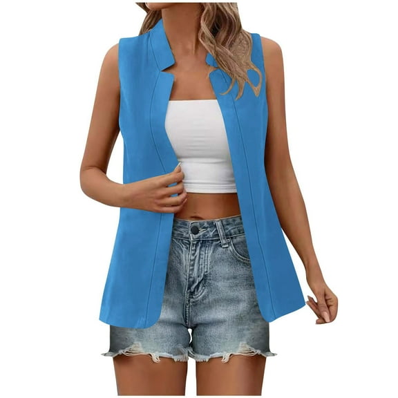 Summer Blazer Suit Vest Jacket Woman Sleeveless Open Front Cardigan Dressy Casual Business Office Workwear (XX-Large, Blue)