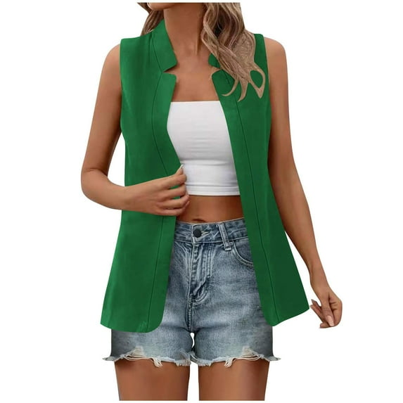 Summer Blazer Suit Vest Jacket for Women Sleeveless Open Front Cardigan Dressy Casual Business Office Workwear (Medium, Green)