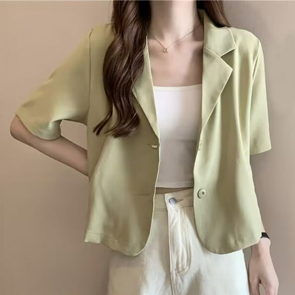 Summer Blazers Women Simple Leisure Loose Korean Style Youth Single Breasted Green XXL YIWEI