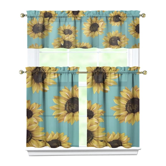 Summer Bloom Sunflower Kitchen Curtains - Boho 3-PC Set with Valance, Semi-Sheer Fabric
