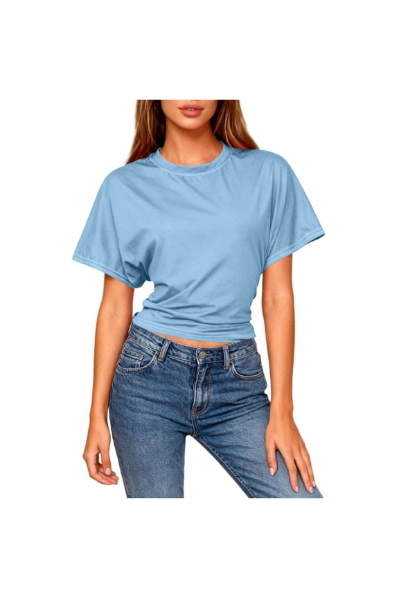 Summer Blouses Fashion Sawvnm Women Fashion Casual Solid Color Short-sleeved Round Neck Backless Hollow Front And Back Wearable T-shirt Short-sleeved Round Neck Shirt Gifts for Women Light Blue M