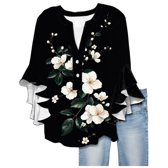 Summer Blouses For Women Floral Print Shirts 3/4 Sleeve V Neck Pleated Front Blouse Tops Summer Casual T-shirt
