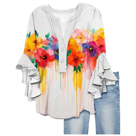Summer Blouses For Women Floral Print Shirts 3/4 Sleeve V Neck Pleated Front Blouse Tops Summer Casual T-shirt