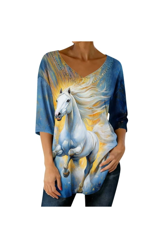 Summer Blouses for Women Dressy Plus Size,Womens Tops Horse Printed 3/4 Sleeve Western Vintage 3D Graphic T Shirts Vneck Funny Gift Shirts Equestrian Cowgirl Blouse