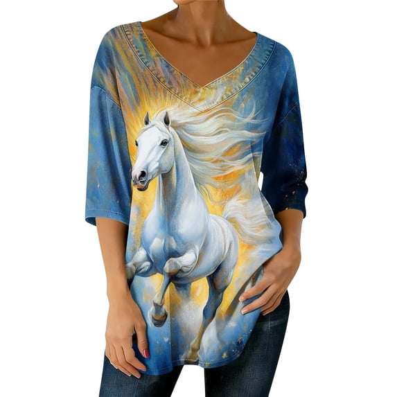Summer Blouses for Women Dressy Plus Size,Womens Tops Horse Printed 3/4 Sleeve Western Vintage 3D Graphic T Shirts Vneck Funny Gift Shirts Equestrian Cowgirl Blouse