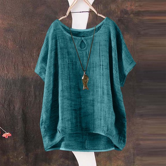 WHEANG Womens Summer Tops Trendy Short Sleeve Solid Color Blouses for Women Dressy Casual Loose Comfort Cotton Linen Tops for Women Hot Summer Sale Womens Tops Blue S Summer Sales Under $5