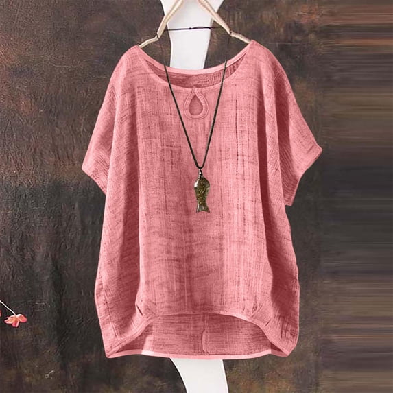 Summer Blouses for Women Trendy Tank Top Summer Short Sleeve Solid Color Blouses for Women Dressy Casual Loose Linen Top Comfort Cotton Linen Tops for Women Breathable Beach Top Watermelon Red XXXL