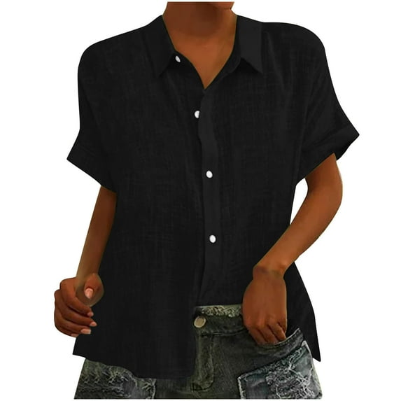 Summer Blouses for Women 2024 Trendy,Women Solid Color Loose Short Sleeve Lapel Button Up Cardigan Top,Shirts for Women(Size:M)