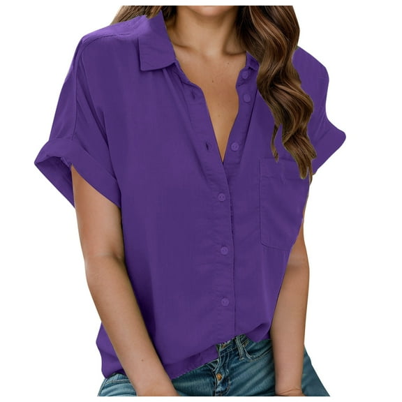Summer Blouses for Women 2024 Trendy,Women's Short Sleeve Lapel Button Shirt Top,Shirts for Women(Size:L)