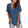 thumbnail image 1 of Summer Blouses for Women Dressy Casual Plus Size Short Sleeve V-Neck Rolled Sleeve Casual Elegant Loose Solid Color, 1 of 6