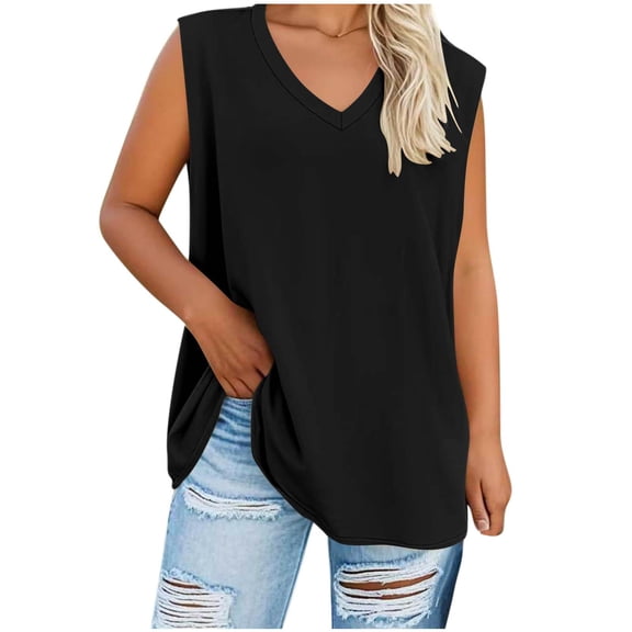 Summer Blouses for Women Dressy Casual Plus Size V-Neck Solid Color Casual Pullover Sleeveless