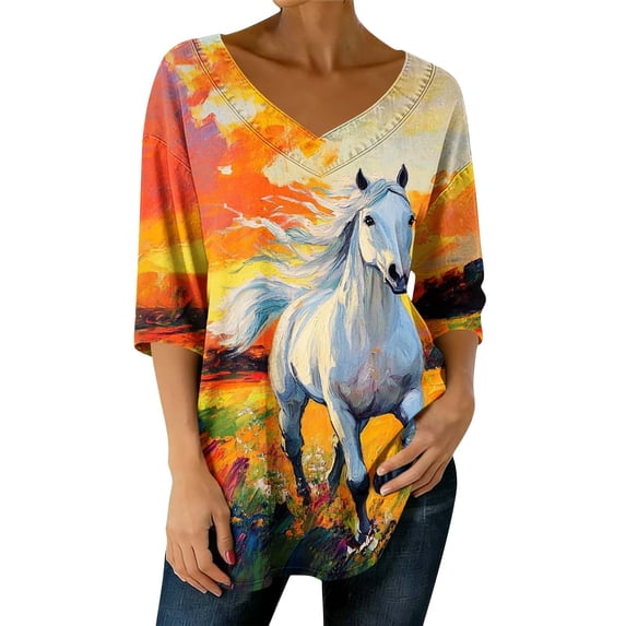 Summer Blouses for Women Dressy,Horses Lover Shirt for Women Horse Racing Tops Tshirt Funny 3/4 Sleeve T-Shirt Casual Animal Graphic Tees