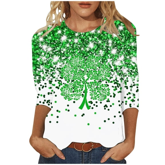 Summer Blouses for Women Dressy,St Patrick's Day Shirt for Women Shamrock Printed Tops Round Neck 3/4 Sleeve T-Shirt Plus Size Casual Tunics Blouses