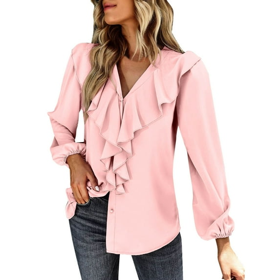 Summer Blouses for Women Fashion Casual Solid Color V Neck Button Long Sleeve Lace Shirt Blouse Shirts Tops