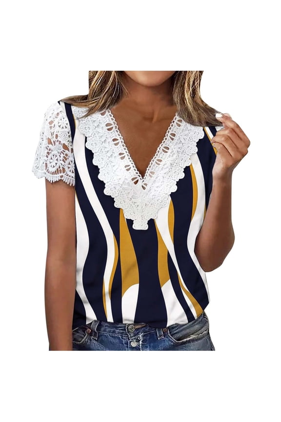Summer Blouses for Women Lace Splicing Shirt Dressy V Neck Short Sleeve Tops Casual Loose Fit Tunic Tops Blusas De Mujer