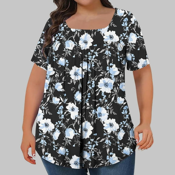 Summer Blouses for Women Plus Size Floral Tunic Short Sleeve Square Neck Loose Fit Ruffle Tunic Tops ,L-5XL