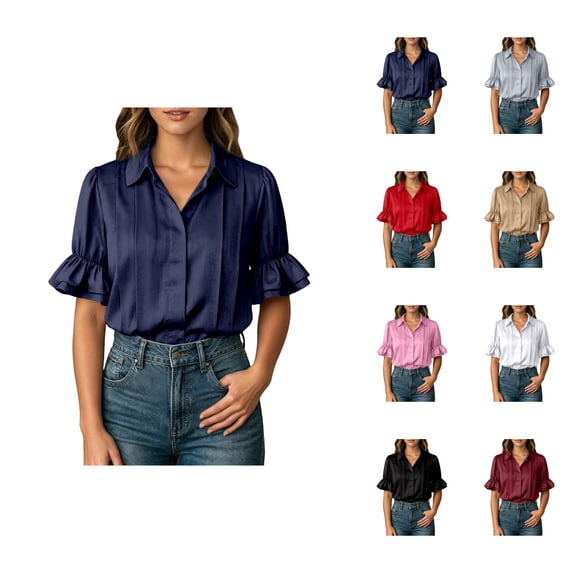 Summer Blouses for Women Puff Short Sleeve Button Down Collared Pleated Front Shirts Dressy Casual Tops