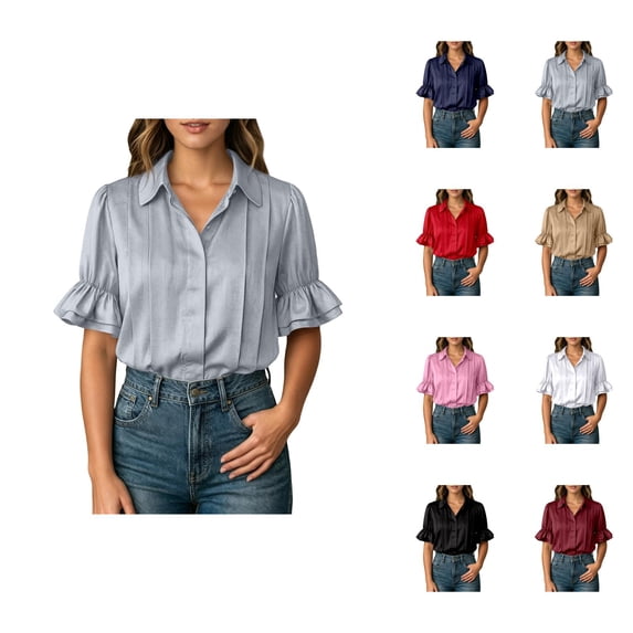 Summer Blouses for Women Puff Short Sleeve Button Down Collared Pleated Front Shirts Dressy Casual Tops