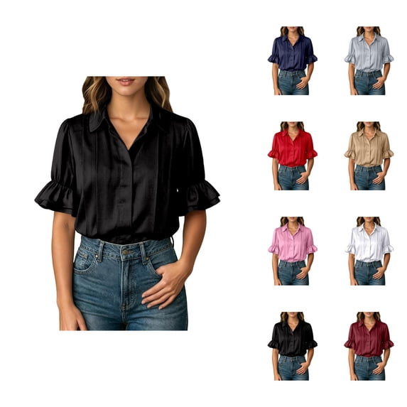 Summer Blouses for Women Puff Short Sleeve Button Down Collared Pleated Front Shirts Dressy Casual Tops