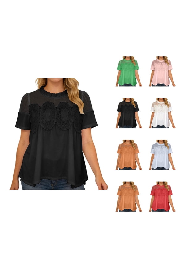 Summer Blouses for Women Short Sleeve Crewneck Mesh Patchwork Embroidered Tops Dressy Casual Flowy Shirts