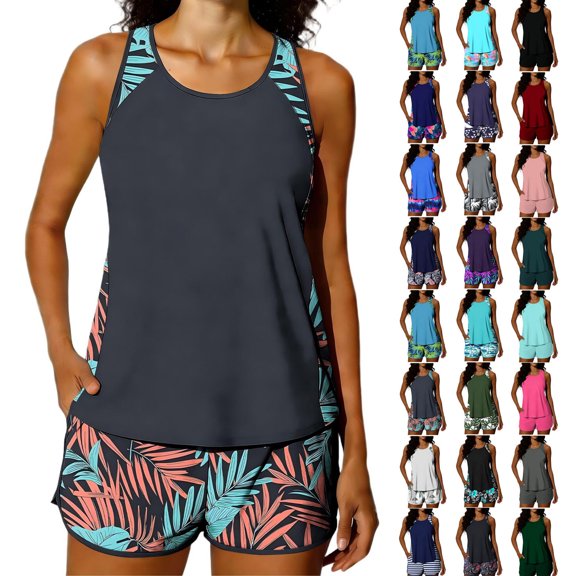 Summer Blouson Tankini Swimsuits for Women Tummy Control Two Piece Bathing Suits with Sporty Pockets Swim Shorts