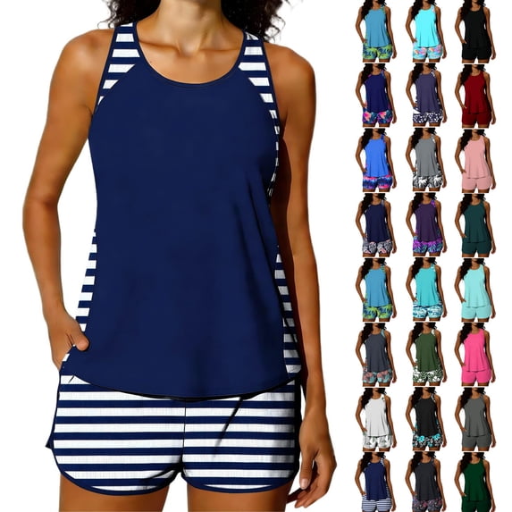 Summer Blouson Tankini Swimsuits for Women Tummy Control Two Piece Bathing Suits with Sporty Pockets Swim Shorts