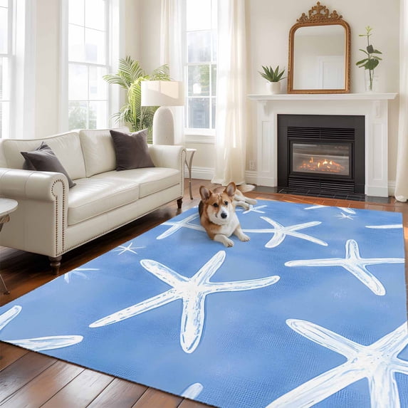 Summer Blue Area Rugs 5x7 ft White Starfish Ocean Marine Life Coastal Washable Rug Non Slip Indoor Carpet Absorbent Floor Mat for Living Room Bedroom Dining Room
