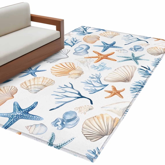 Summer Blue Area Rug 2.7x5ft Starfish Orange Seashell Coral Ocean Non-Slip Washable Square Rugs Soft Felt Indoor Floor Mat for Bedroom Kitchen Living Room Bathroom