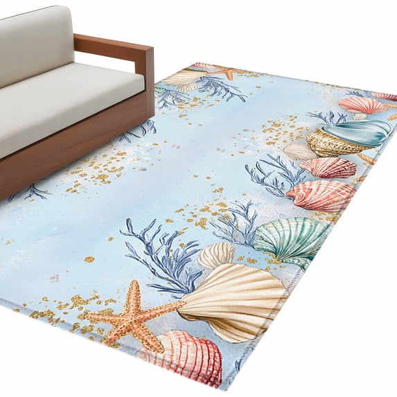 Summer Blue Area Rug 4x6ft Beach Theme Starfish Coral Shell Coastal Non-Slip Washable Square Rugs Soft Felt Indoor Floor Mat for Bedroom Kitchen Living Room Bathroom