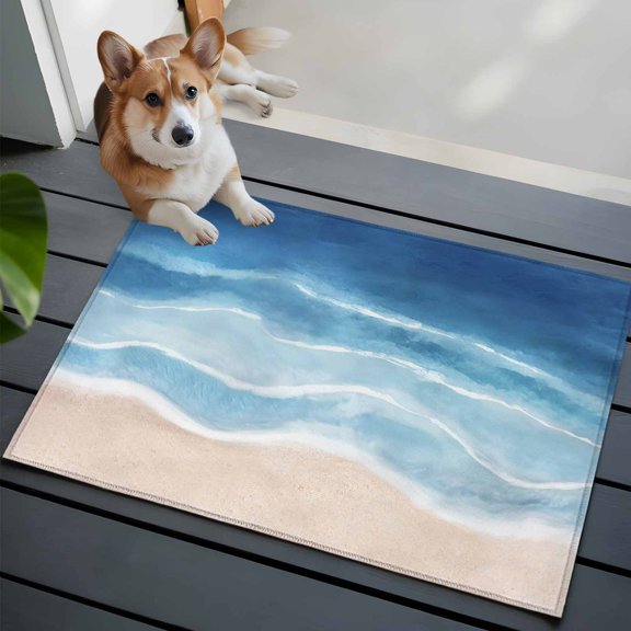 Summer Blue Beach Front Door Rugs 2x3 ft Coastal Nautical Watercolor Gradient Ocean Sea Waves Small Rug for Entryway Non Slip Washable Bathroom Door Mat Absorbent Floor Mat for Indoor Entrance