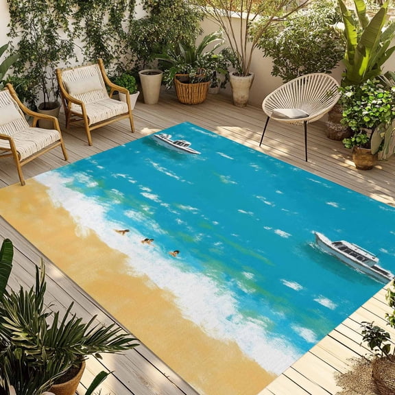 Summer Blue Beach Outdoor Rug for Patio/Deck/Porch, Non-Slip Large Area Rug 4 x 6 Ft, Vintage Coastal Sea Cruises Oil Painting Indoor Outdoor Rugs Washable Area Rugs, Camping Rug Carpet Runner