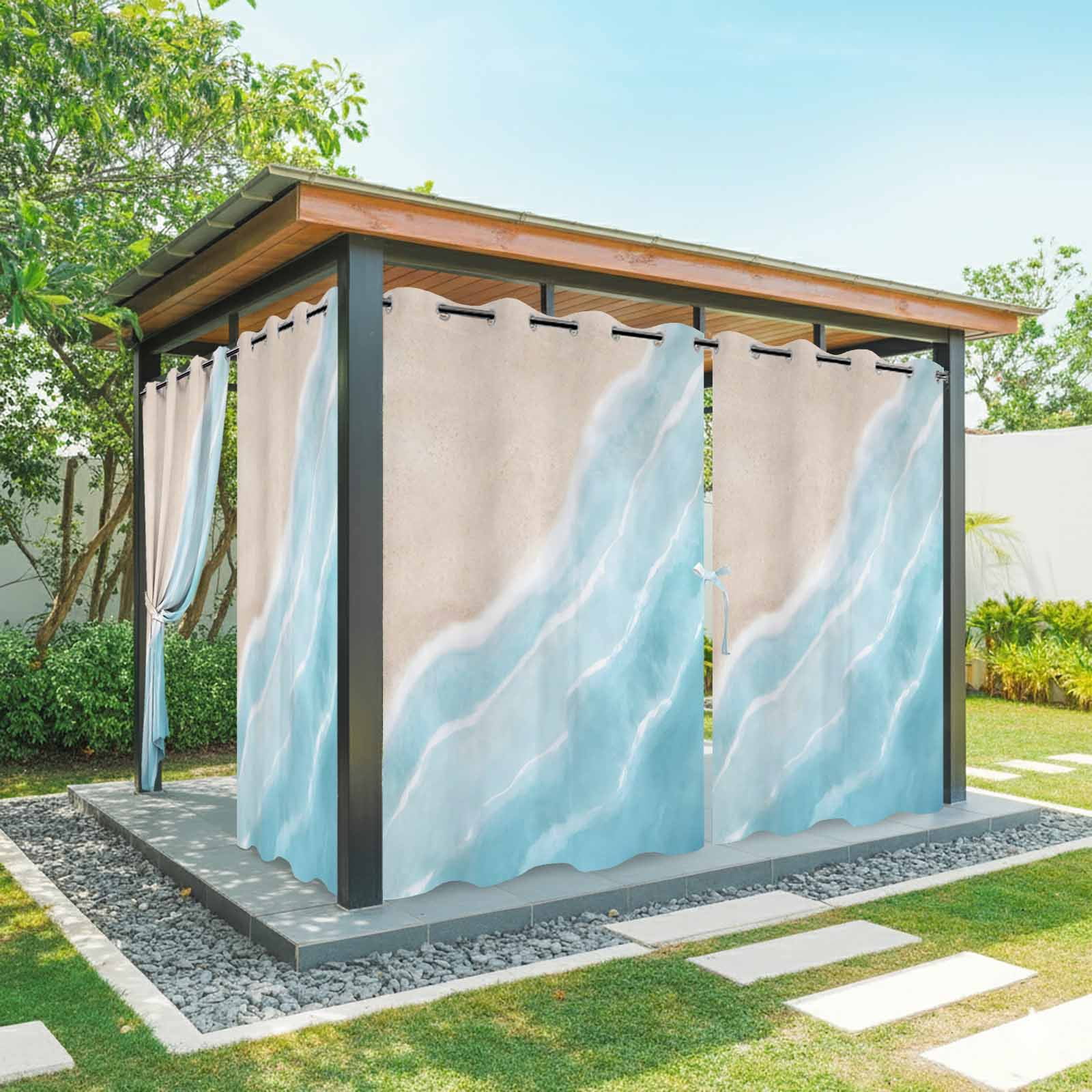 Summer Blue Beach Wave Outdoor Curtains for Patio, Coastal Nautical Watercolor Gradient Ocean Sunshade Privacy Drapes Grommet Waterproof Outside Curtains for Porch/Cabana/Balcony 54"x 108", 1 Panel