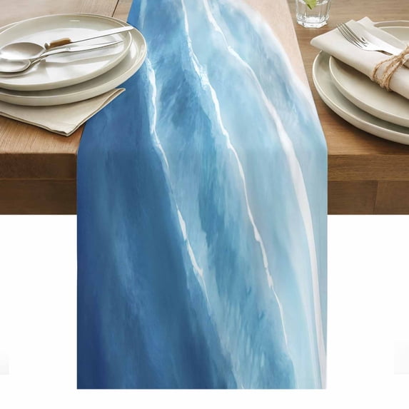 Summer Blue Beach Wave Table Runner Coastal Nautical Watercolor Gradient Ocean Sea Table Runners Dresser Scarves Holiday Kitchen Dining Table Decoration for Home Party Indoor 13x90 Inch