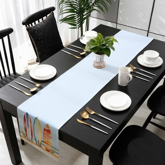 Summer Blue Coastal Cotton Linen Table Runner 13 x 90 inch Canoeing Yellow Beach Starfish Non-slip Rectangular Dining Table Decor for Wedding Party Holiday Dinner