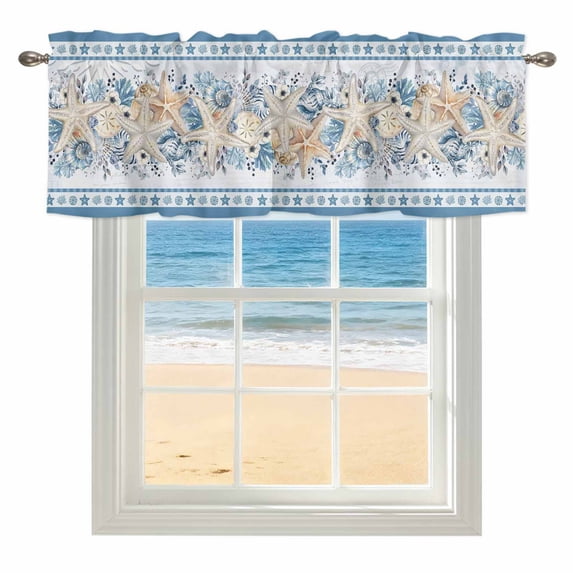 Summer Blue Coastal Window Valance for Kitchen, Eucalyptus Leaves Starfish Shells Rod Pocket Short Curtain for Small Windows, Light Filtering Decorative Valance, 60 x 14 Inch