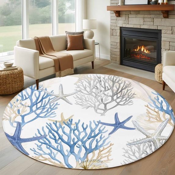 Summer Blue Coral Round Area Rug 5Ft Washable Circle Rugs for Living Room Bedroom, Coastal Starfish Ocean Nautical Non-Slip Carpet Floor Mats Indoor Outdoor Carpet Runner Aesthetic Home Decor